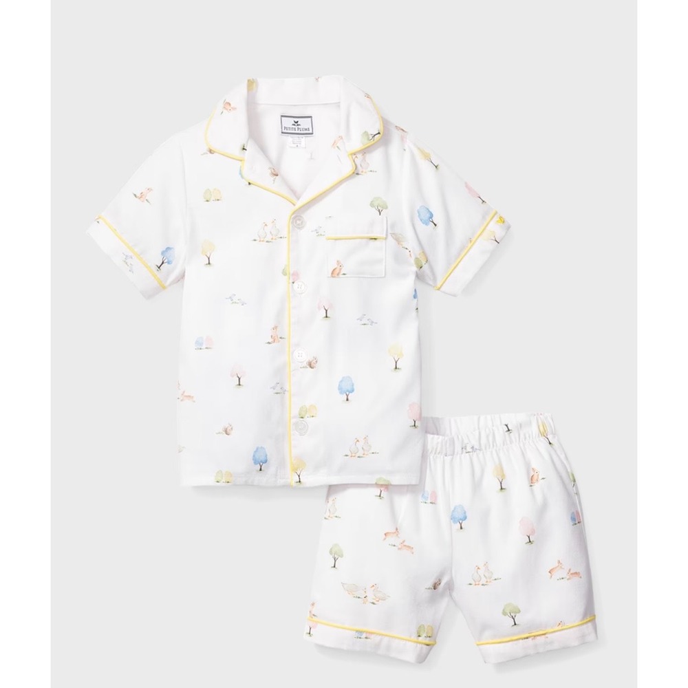 Petite Plume Easter Gardens Short Set Pajamas White Bunny Yellow Trim Size 5